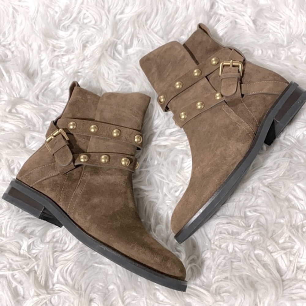 SEE by Chloe suede studded ankle bootie goldtone hardware NWOT women sz 37
